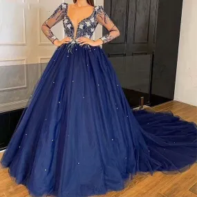 deep v neck beaded prom dresses ball gown crystals navy blue tulle elegant vintage prom gown 2021