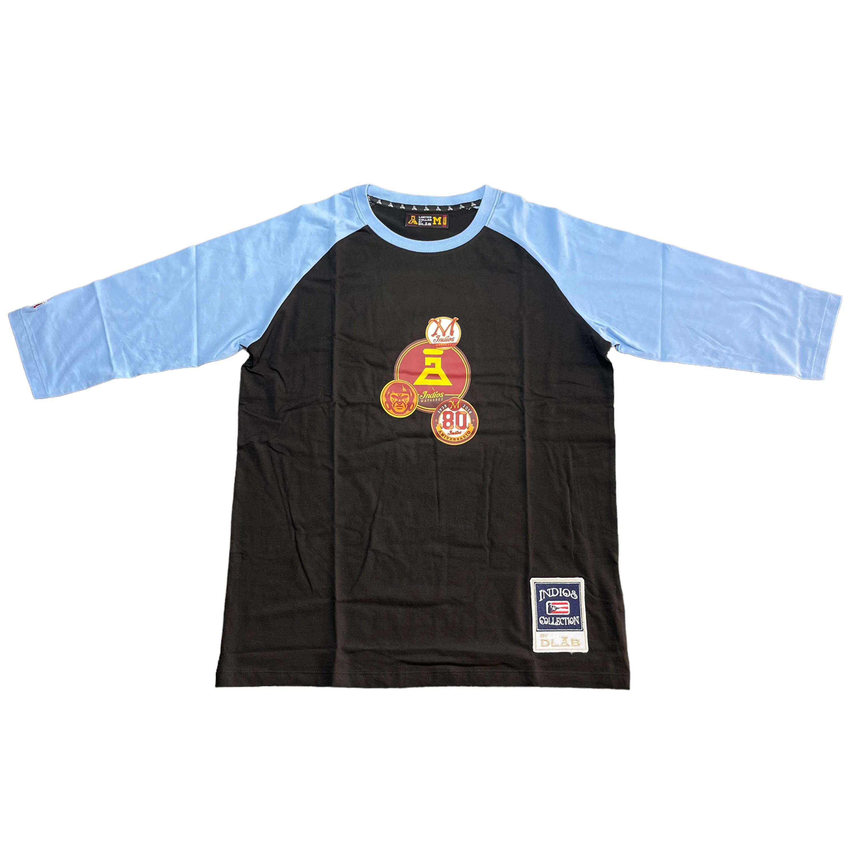 DLAB X INDIOS 3/4 TEE (Negra/Mangas Azul Cielo)