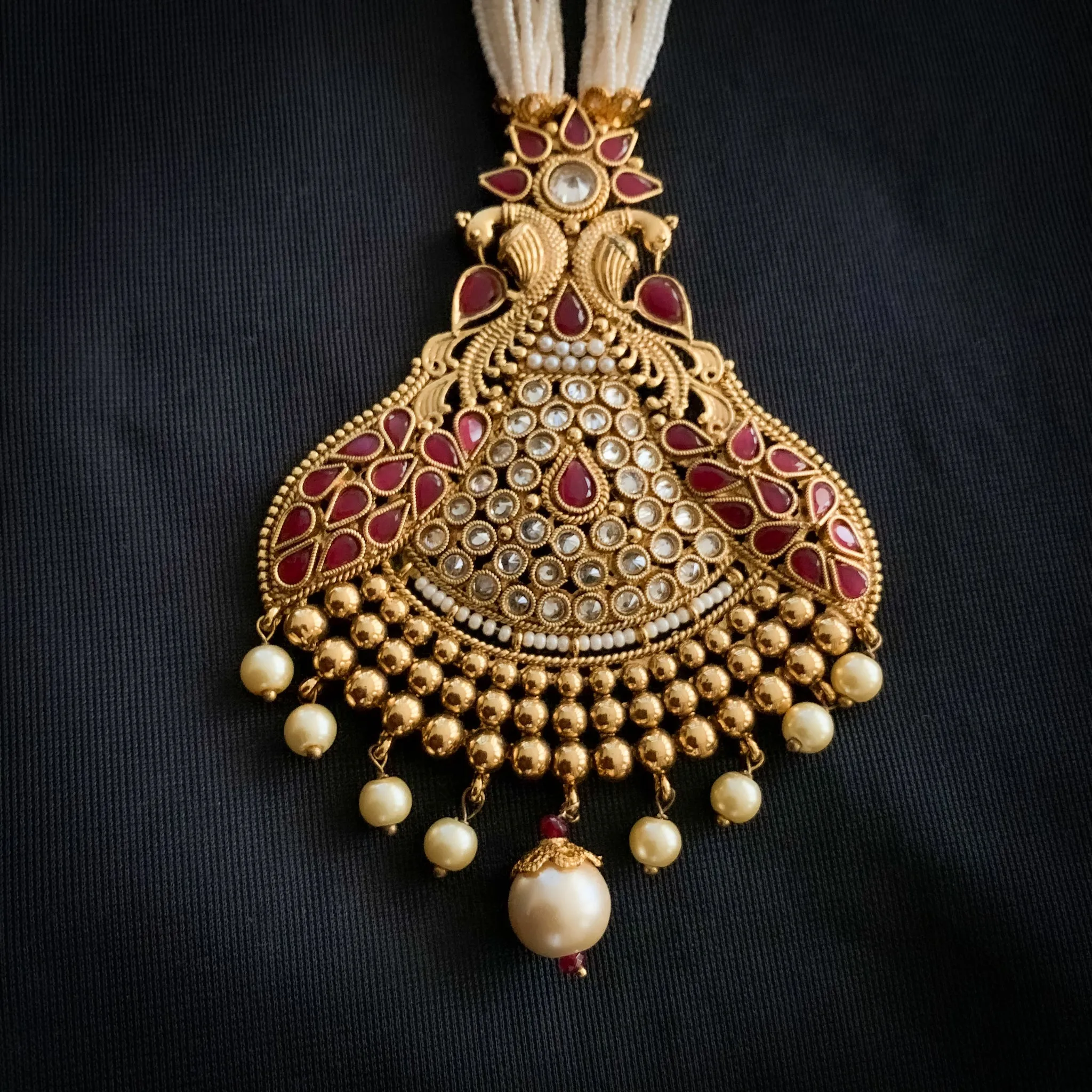 Exquisite Statement Antique Gold Pearl Mala Necklace Set