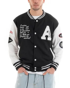 Felpa Uomo Giubbotto Girocollo Varsity College Stampa Con Patch Nero GIOSAL-F2971A