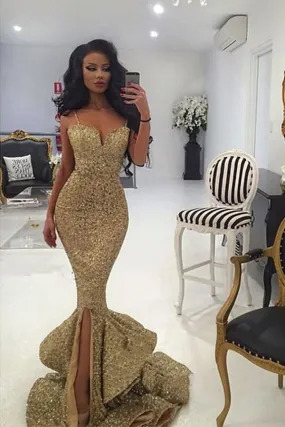 gold sparkly evening dresses long mermaid spaghetti straps bling formal evening gown