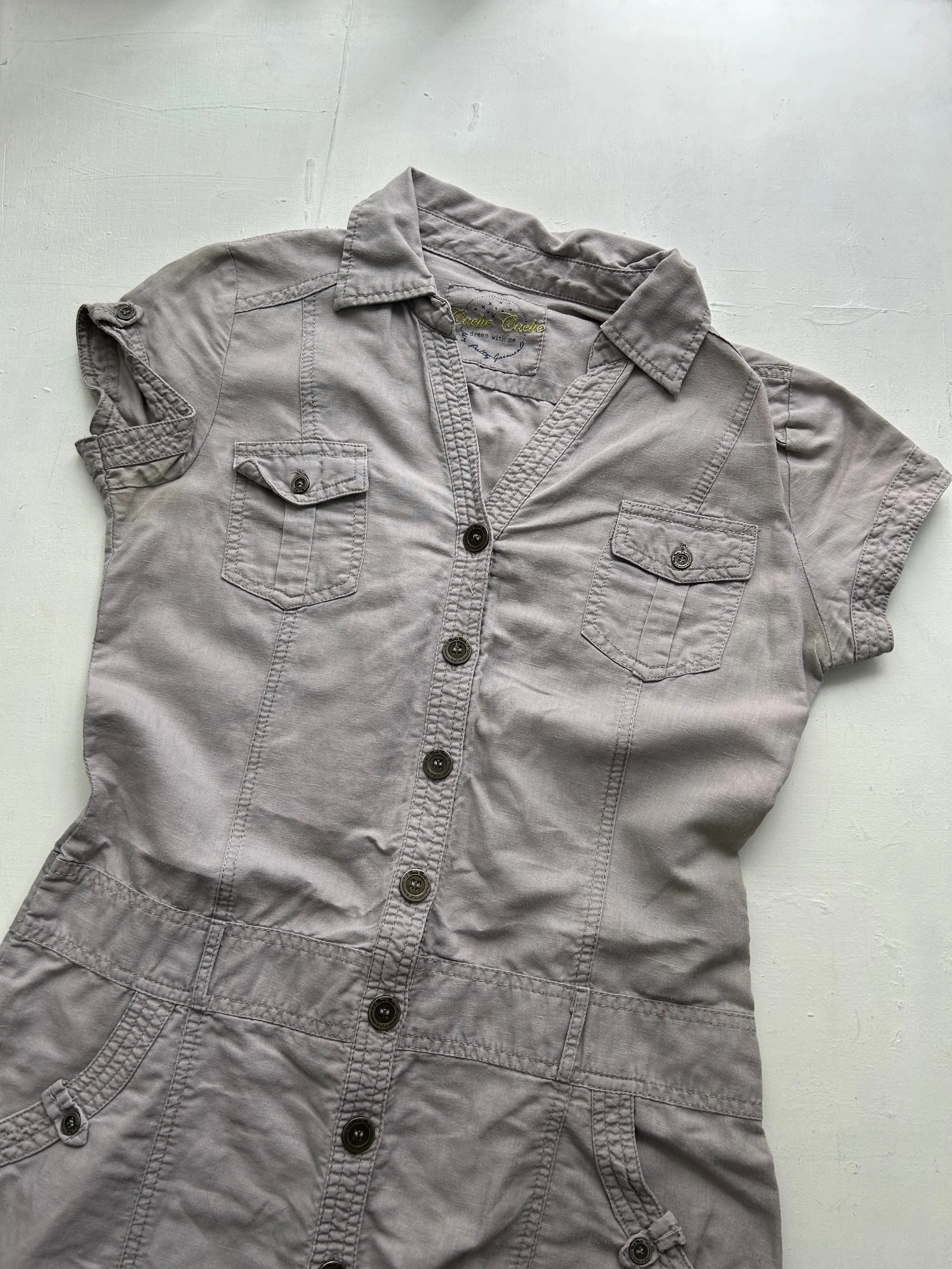 Grey linen buttons up cargo utility Y2K vintage cotton dress (M)