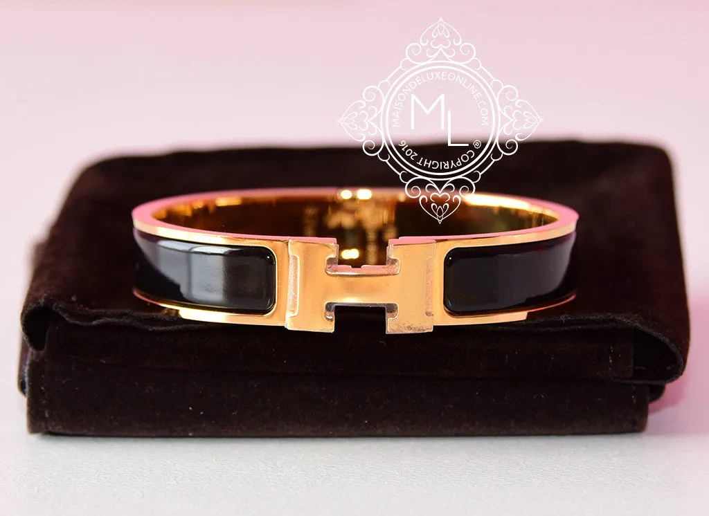 Hermes Black Clic Clac Gold Hardware Narrow Bracelet