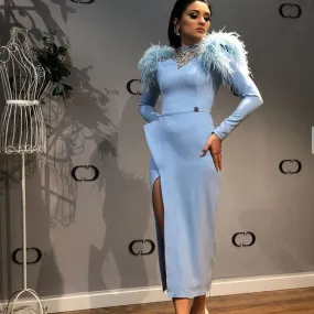 high neck blue evening dresses long sleeve feather beaded modest ankle length evening gown