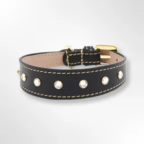 Hundehalsband Leder mit Strasssteinen Gold Edition Marseille Schwarz