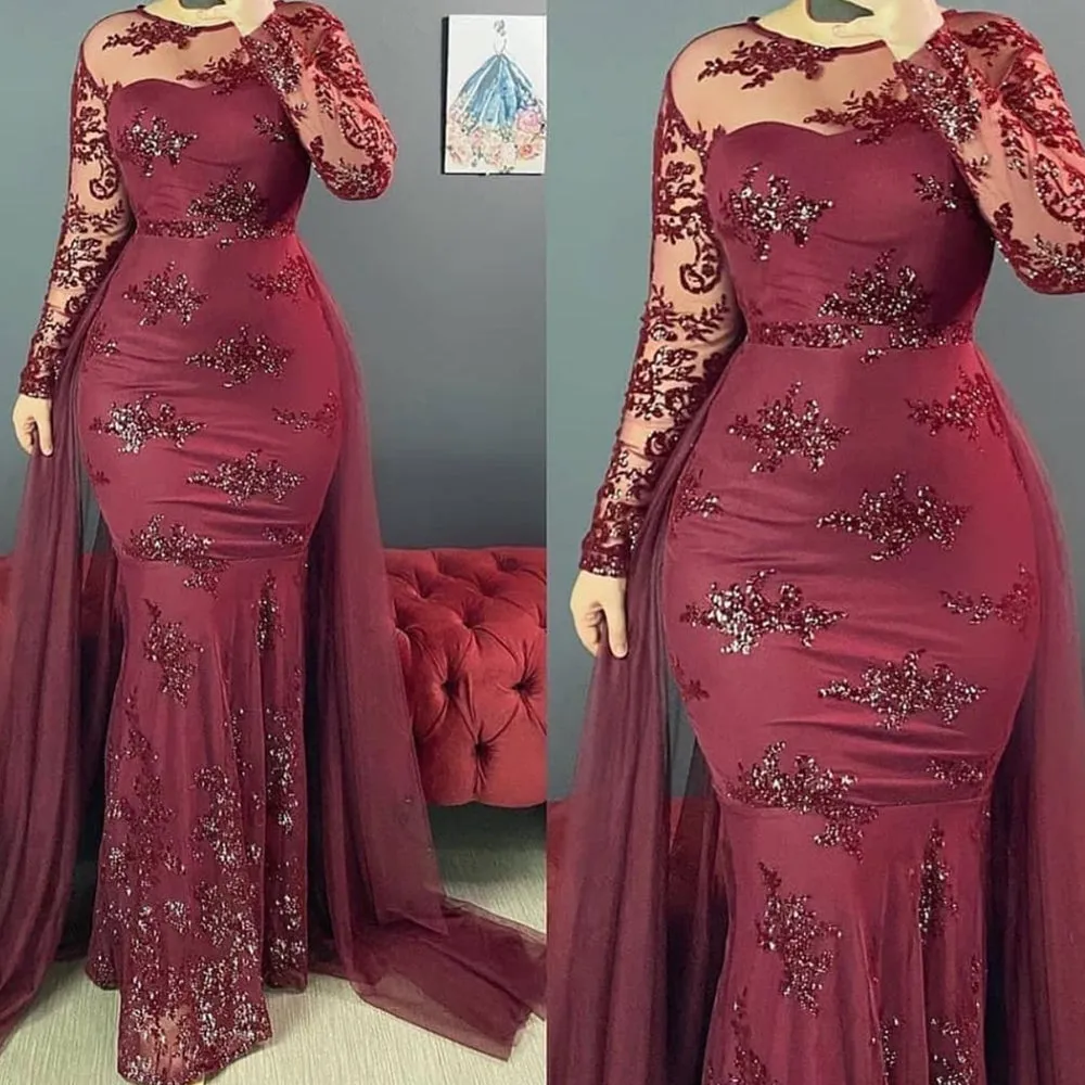 lace applique burgundy evening dresses long sleeve detachable skirt sparkly elegant cheap evening gown