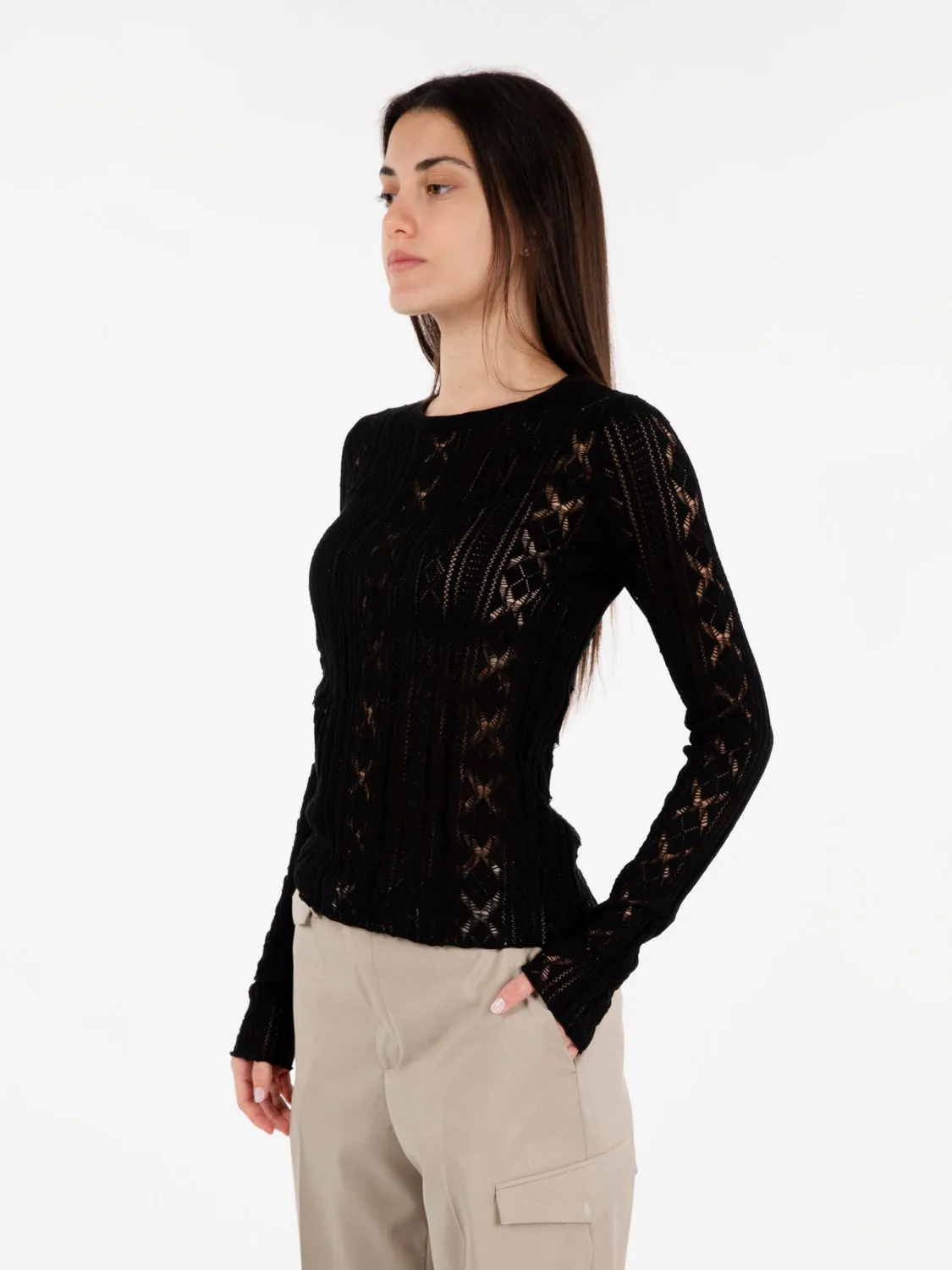 Maglia girocollo crochet nero