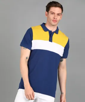 Men's Dark Blue, White, Yellow Colour-Block Slim Fit Half Sleeve Cotton Polo T-Shirt