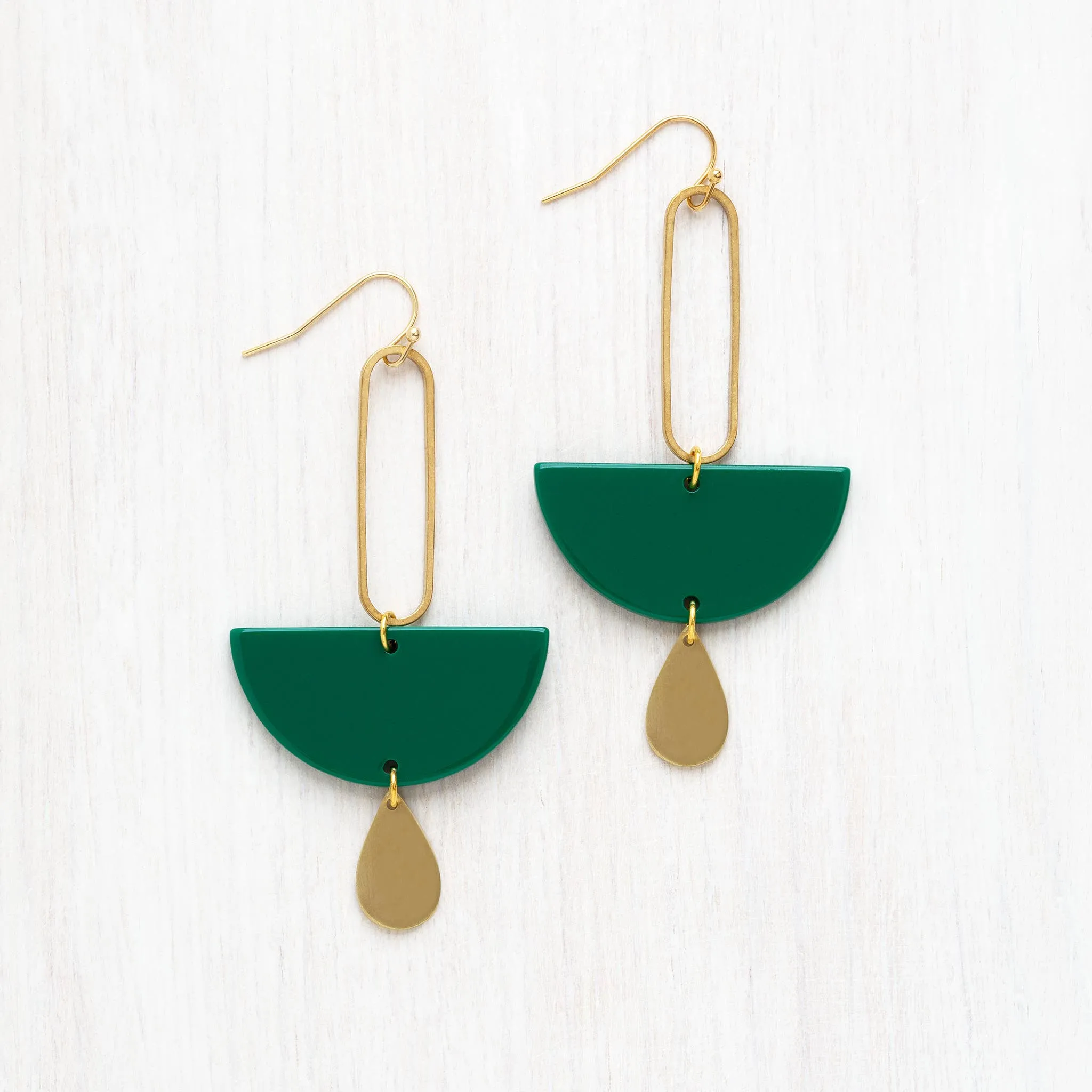 Modern Green and Brass Dangle Earrings