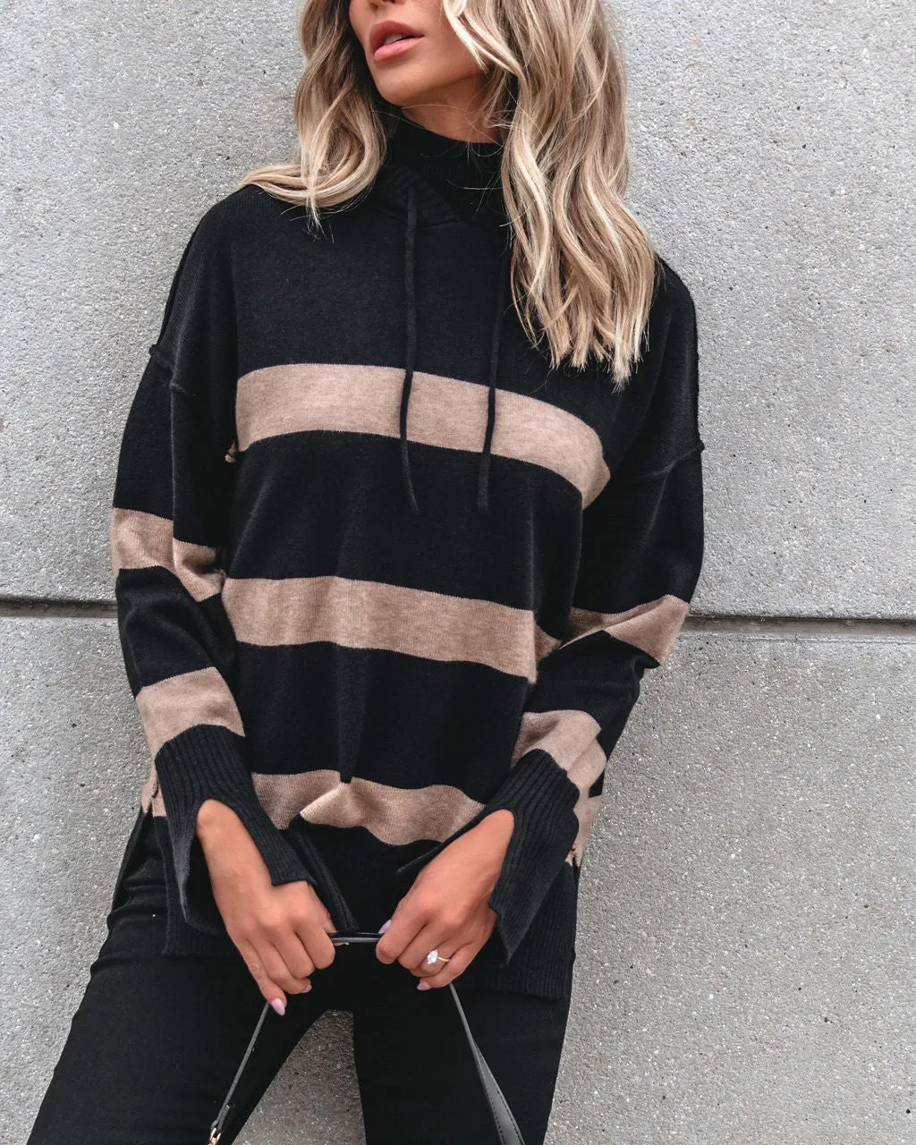 Muse By Magnolia Black and Taupe Striped Hooded Sweater