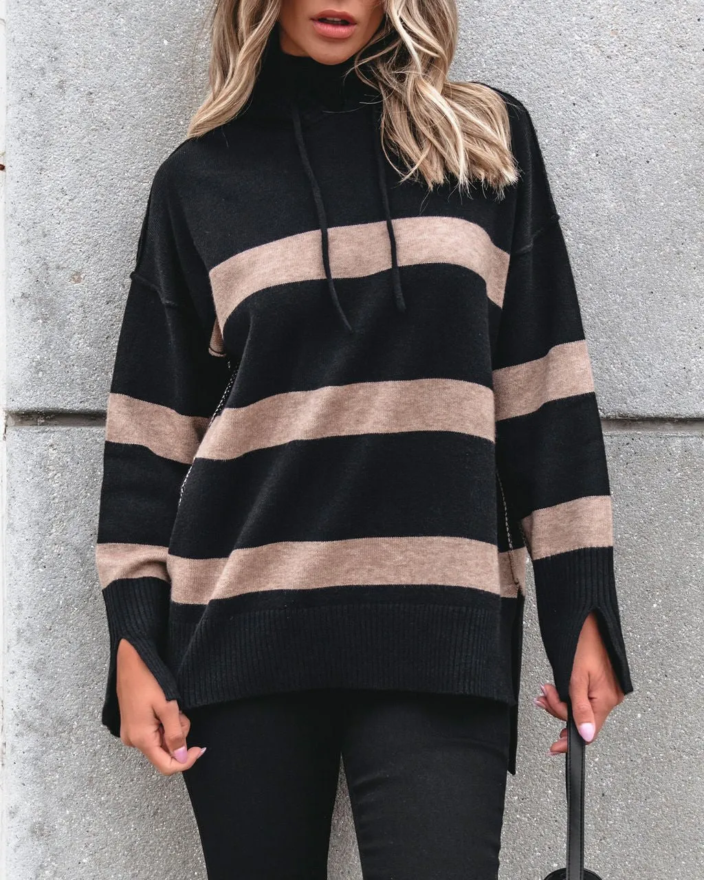 Muse By Magnolia Black and Taupe Striped Hooded Sweater