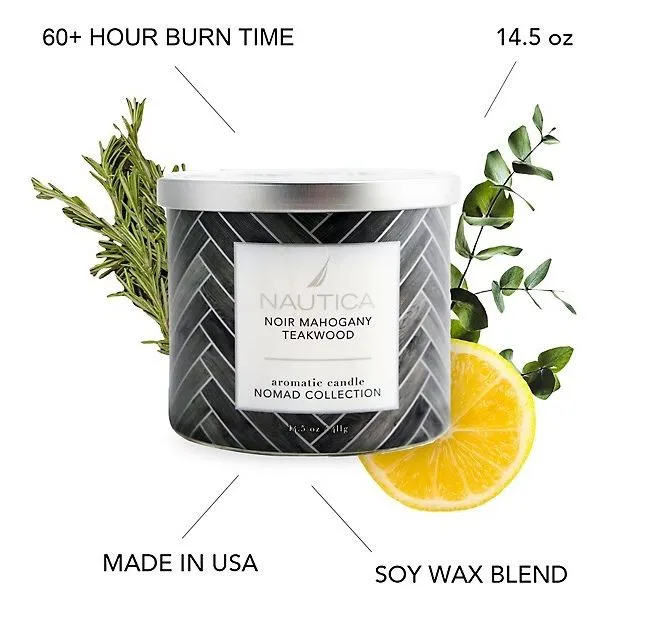 Nautica Soy Wax Blend 3 Wick Candle - Noir Mahogany Teakwood 14.5 Oz