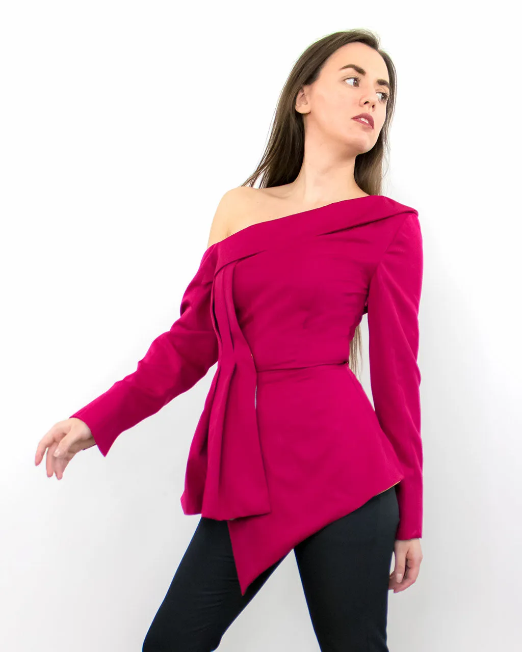 Nerina Red Peplum Asymmetric One-Shoulder Blouse