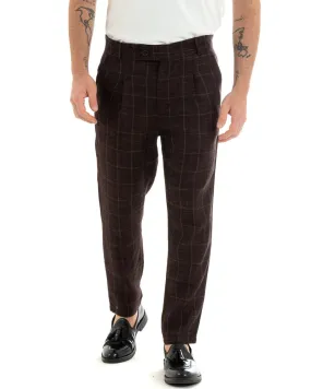 Pantaloni Uomo Lino Abbottonatura Allungata Classico Sartoriale Scozzese Quadri MarroneGIOSAL-P5365A