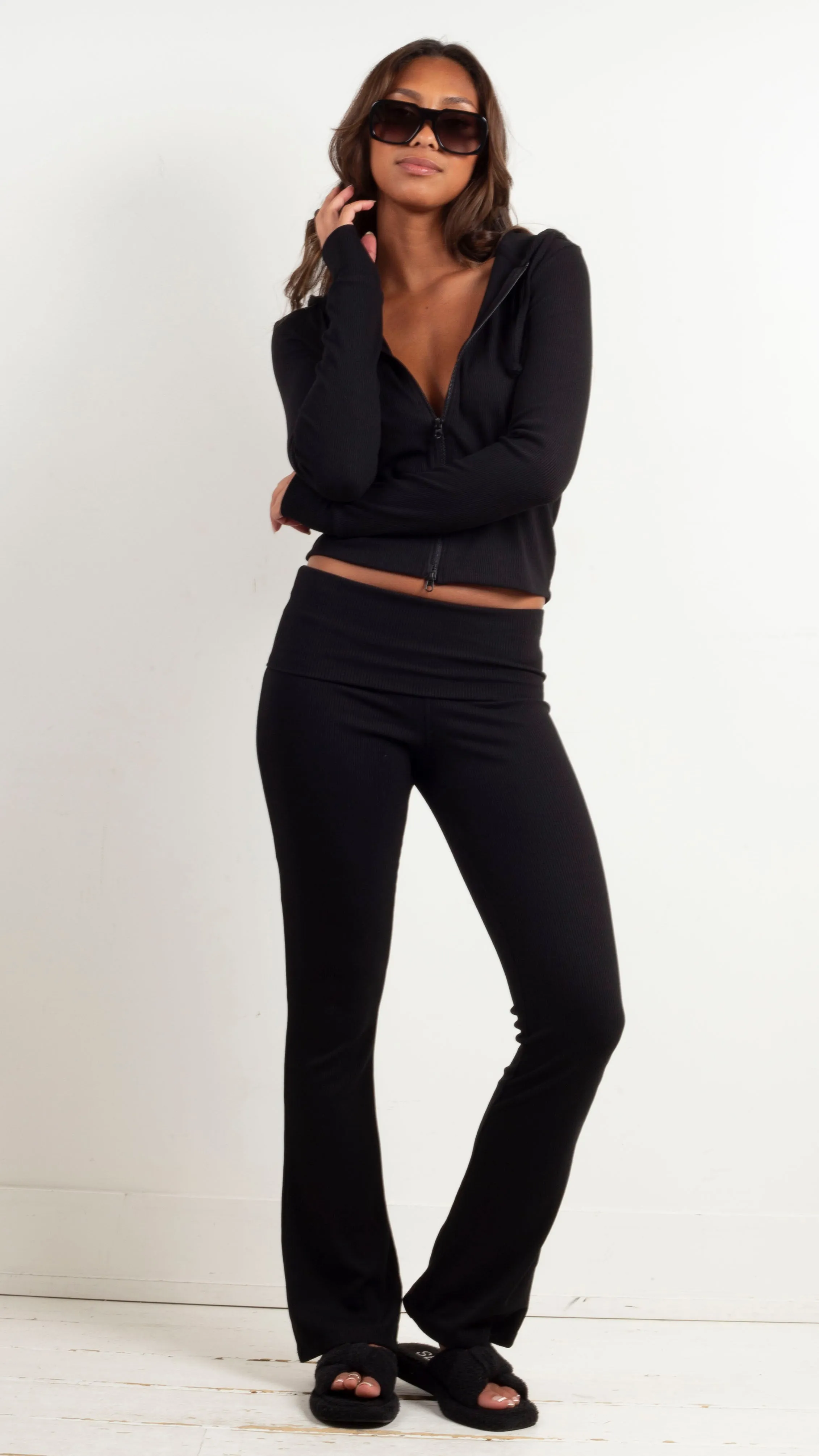 Ribbed Fold Over Pants - Black