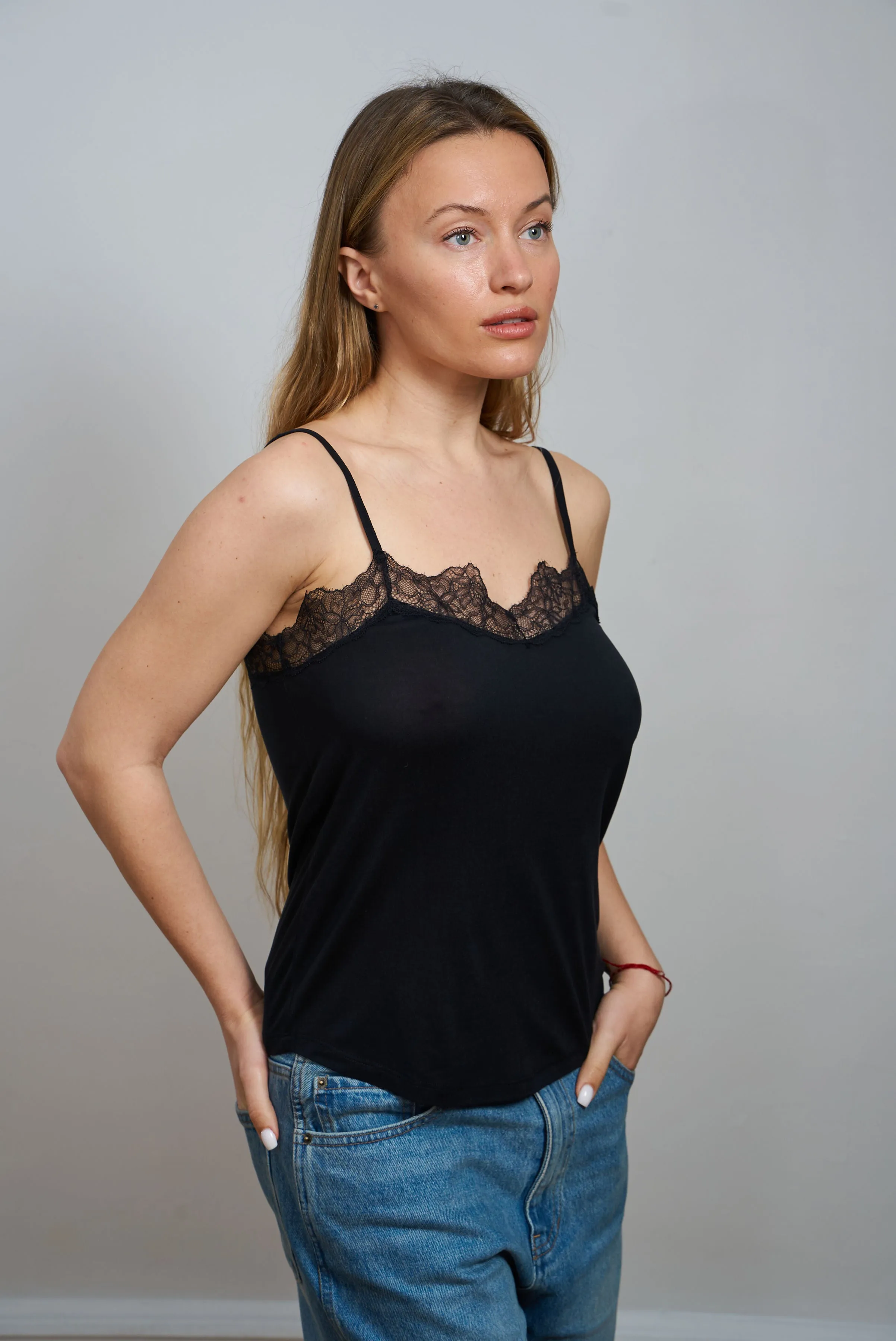 Silk Hand-Dyed Lace Trim Cami - Noir