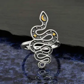 Sterling Silver Snake Ring with Bronze Star and Moon