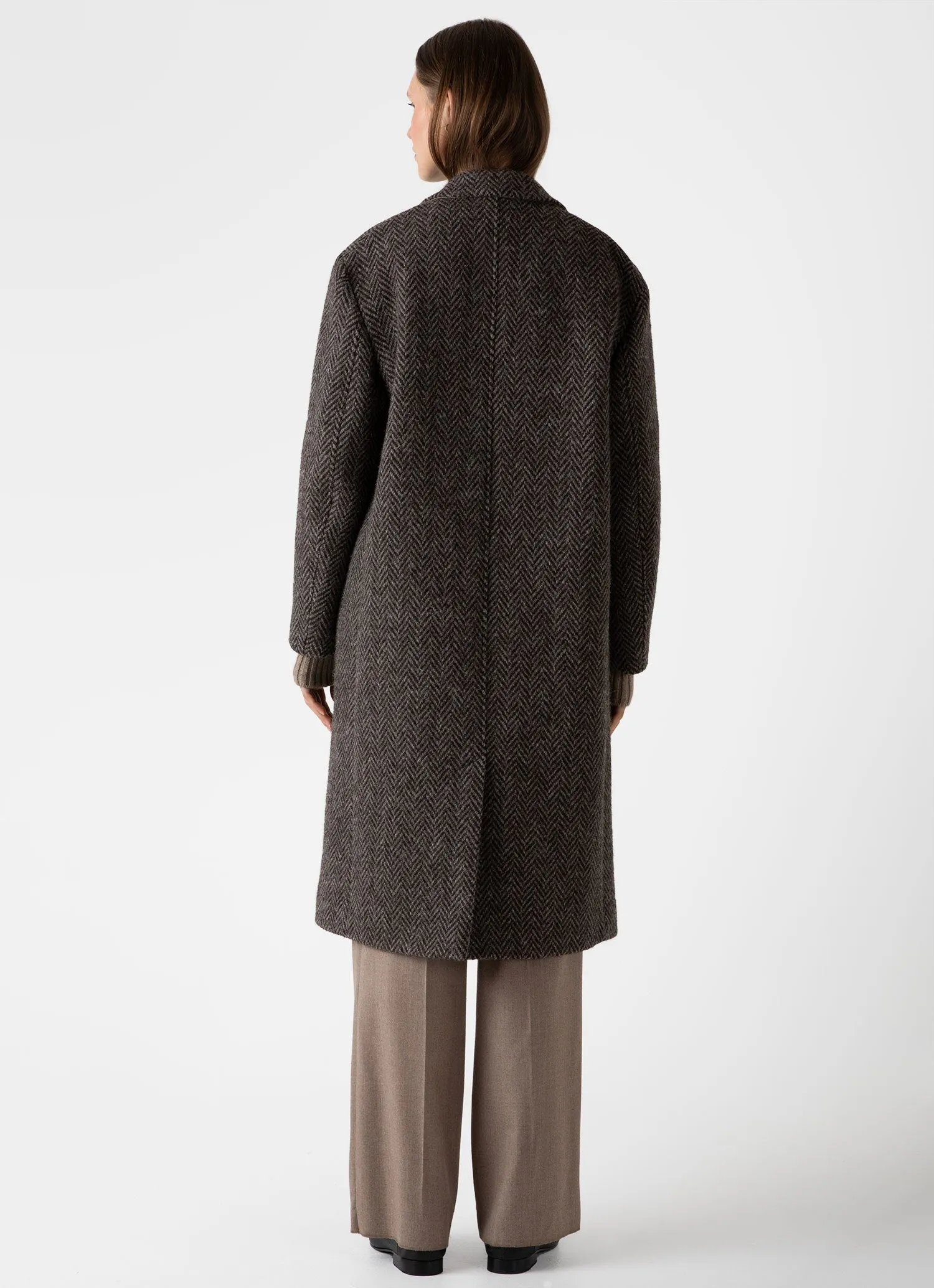 Women's British Wool Coat in Brown Herringbone